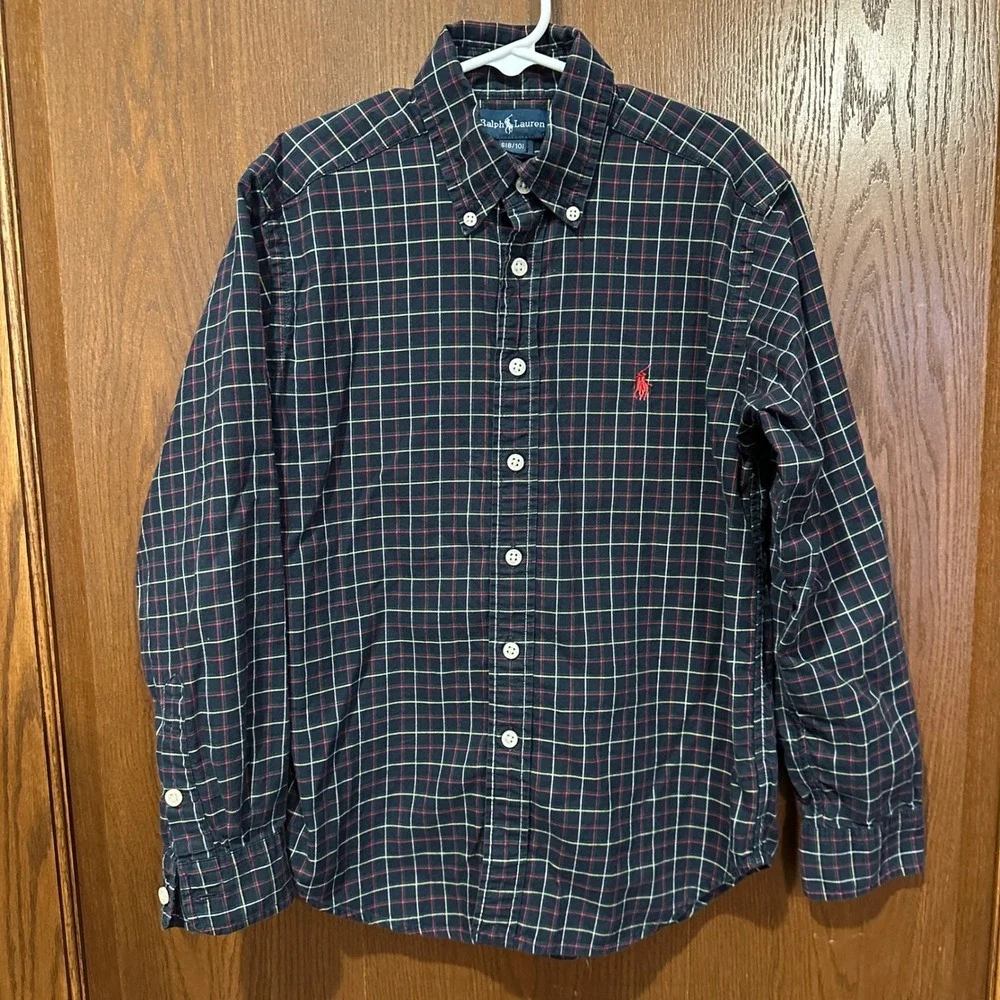 Kids Ralph Lauren Plaid Button Down Shirt Long Sleeve Red Blue Green Size S 8 10